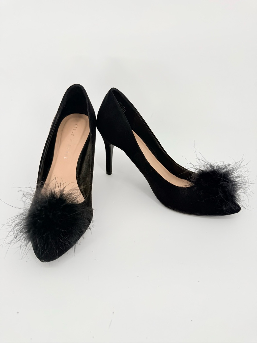 Kelly & Katie Black Feather Pom Stiletto Pumps 8.5 Cocktail Party Old Hollywood